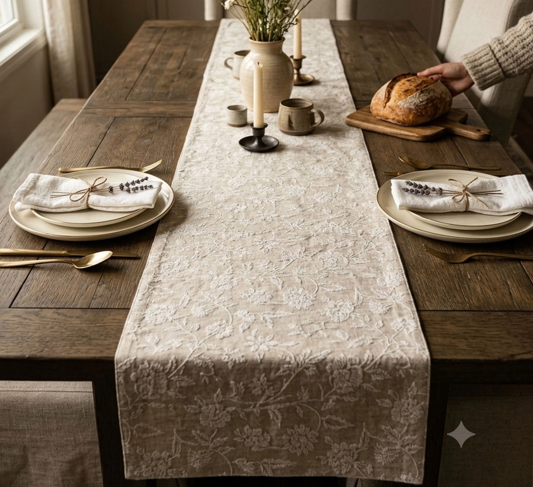 Textured Floral Table Runner – Botanical Design, 14×72 Inches